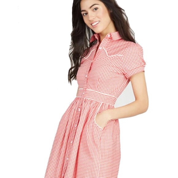 Happy Yellow Dress Red Gingham Button-Up Dress Size L - Picture 1 of 8